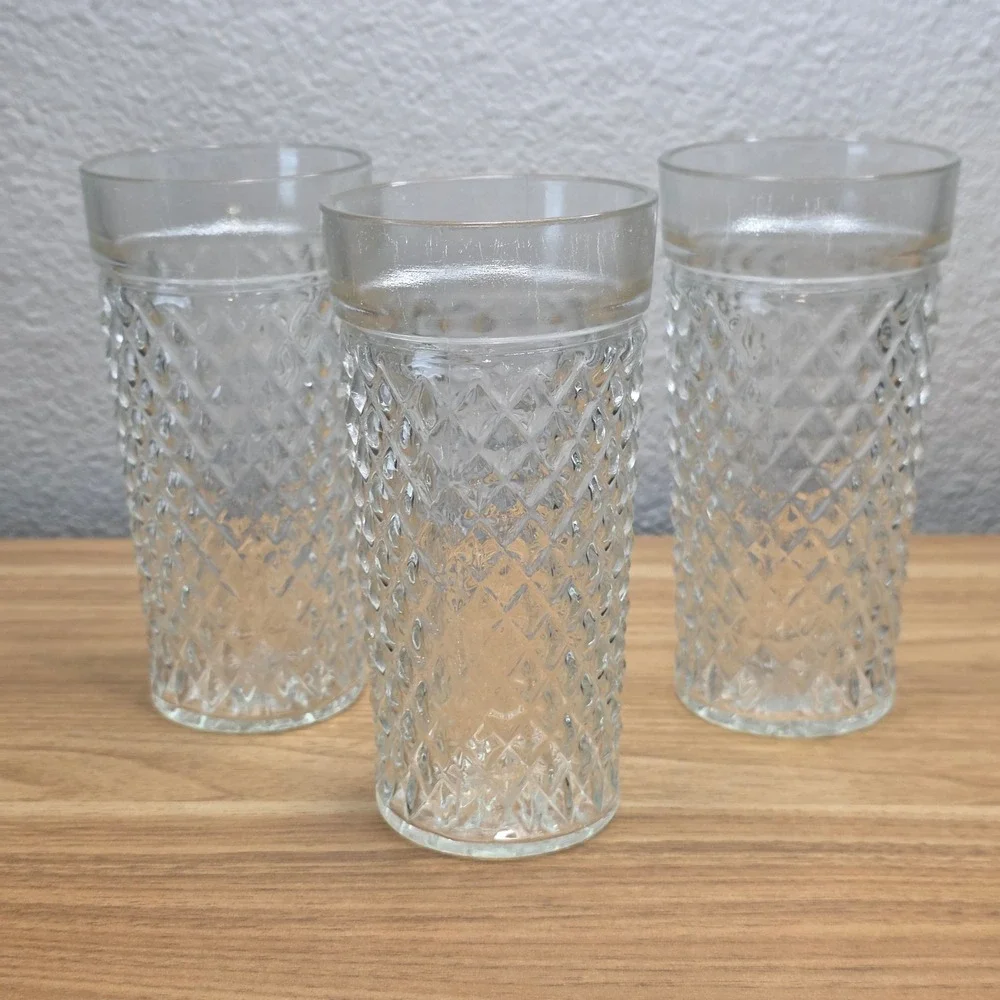Anchor Hocking Quilted Diamond Tumblers Set of 3 Clear Good Vintage 5.75in